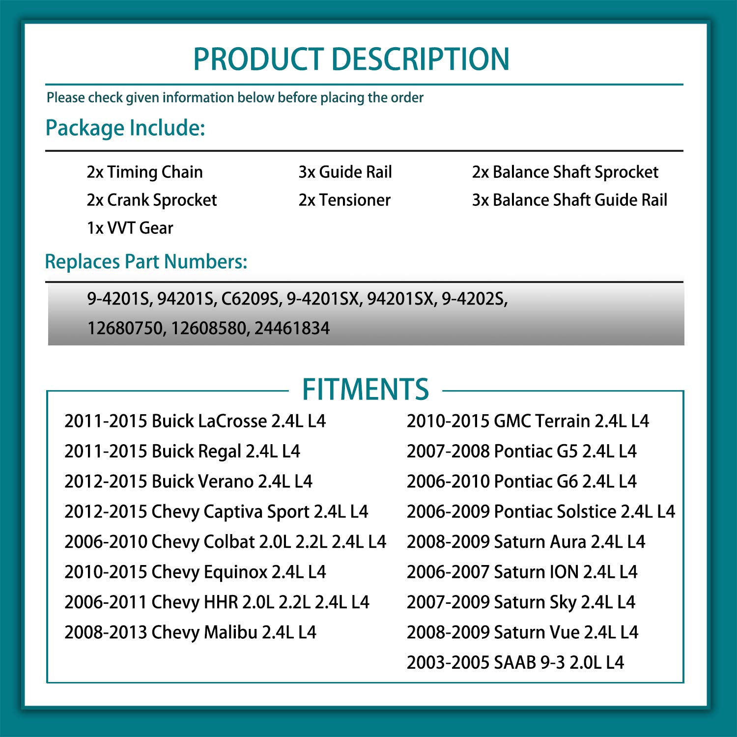 Timing Chain Kit with Tensioner Guide Rail Crank Sprocket Balance Shaft Sprocket | for 2.0L 2.2L 2.4L GM Buick Chevy GMC Pontiac Saturn | Replaces# 9-4201S, 9-4201SX, 9-4202S, 12680750