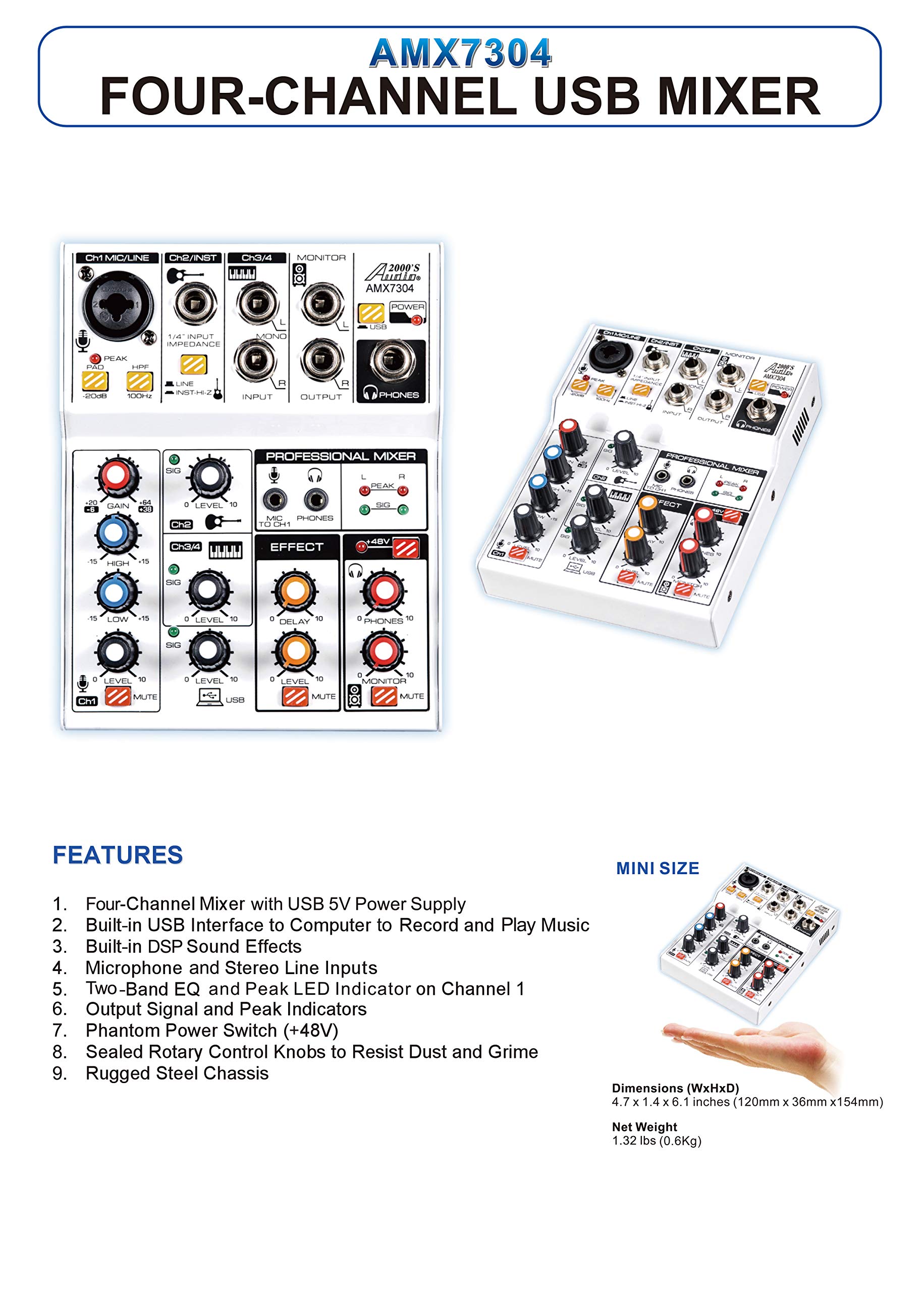 Audio2000'S S7304 USB-Powered Four-Channel Audio Mixer with USB Interface and Sound Effect