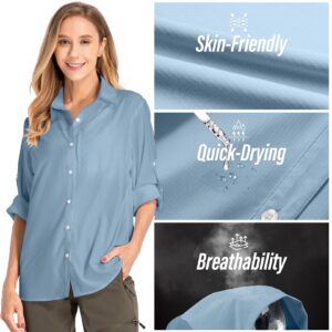 Women Long Sleeve Sun Protection Shirts, UV Fishing Hiking Button Safari Dry Quick Lightweight Lightweight,5019 Blue,Small