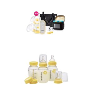 medela freestyle flex breast pump and extra breast milk storage bottles, smart pump, closed system quiet portable, 3 pack of 5 ounce breastfeeding bottles with nipples, lids, wide base collars, caps