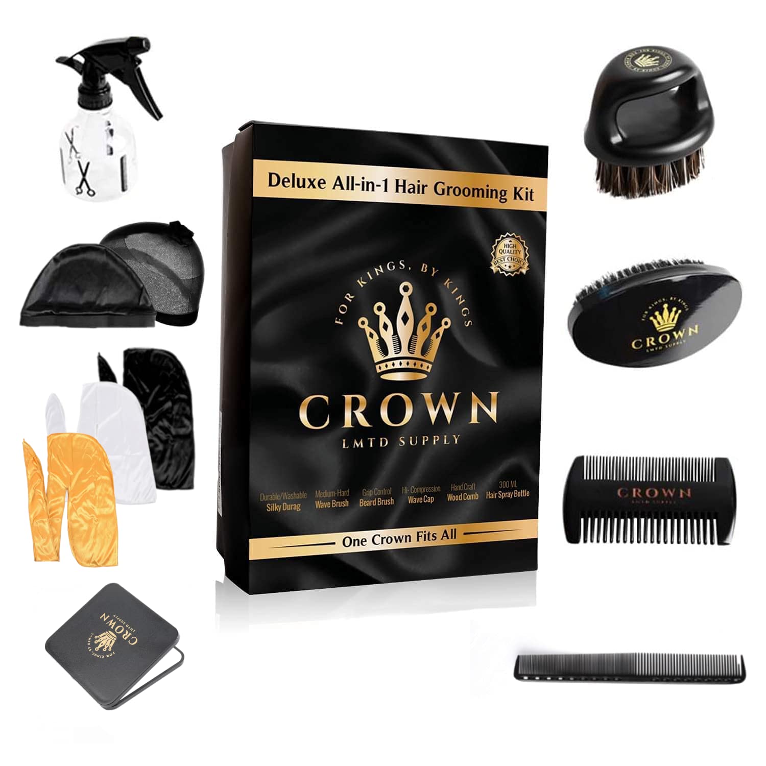 11 in 1 Deluxe Wave Kit - 3 Silky Durags for Men, Medium Hard Wave Brush, Crown Soft Bristle Brush Beard, Wood & Plastic Wave Comb, Spray Bottle, 2 Silky Stocking Wave Cap, Crown Mirror, Hair Care Kit