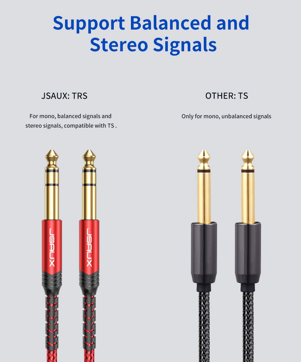 JSAUX 1/4 Inch Cable Guitar Cable 10FT, Instrument Cable 6.35mm (1/4) TRS to 6.35mm (1/4) TRS Stereo Audio Cable Male to Male Straight-to-Straight for Electric Guitar, Bass, Mandolin - Red 3M