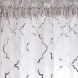 YJ YANJUN White Silver Kitchen Curtains 45 Inch Length Metallic Prin Short Curtains for Small Window Sheer Curtains 45 inch Length Set of 2 Panels 52 W x 45 L Inch White/Silver