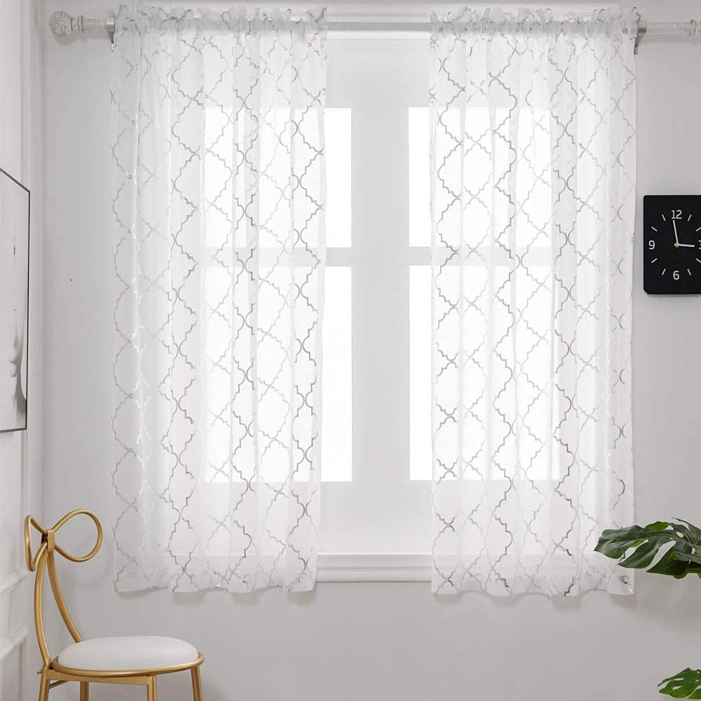 YJ YANJUN White Silver Kitchen Curtains 45 Inch Length Metallic Prin Short Curtains for Small Window Sheer Curtains 45 inch Length Set of 2 Panels 52 W x 45 L Inch White/Silver