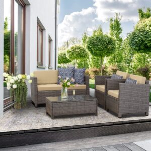 solaste 4 piece outdoor furniture sets,patio conversation sofa wicker chair with cushion,all-weather rattan sofa for porch backyard outside garden lawn yard,grey