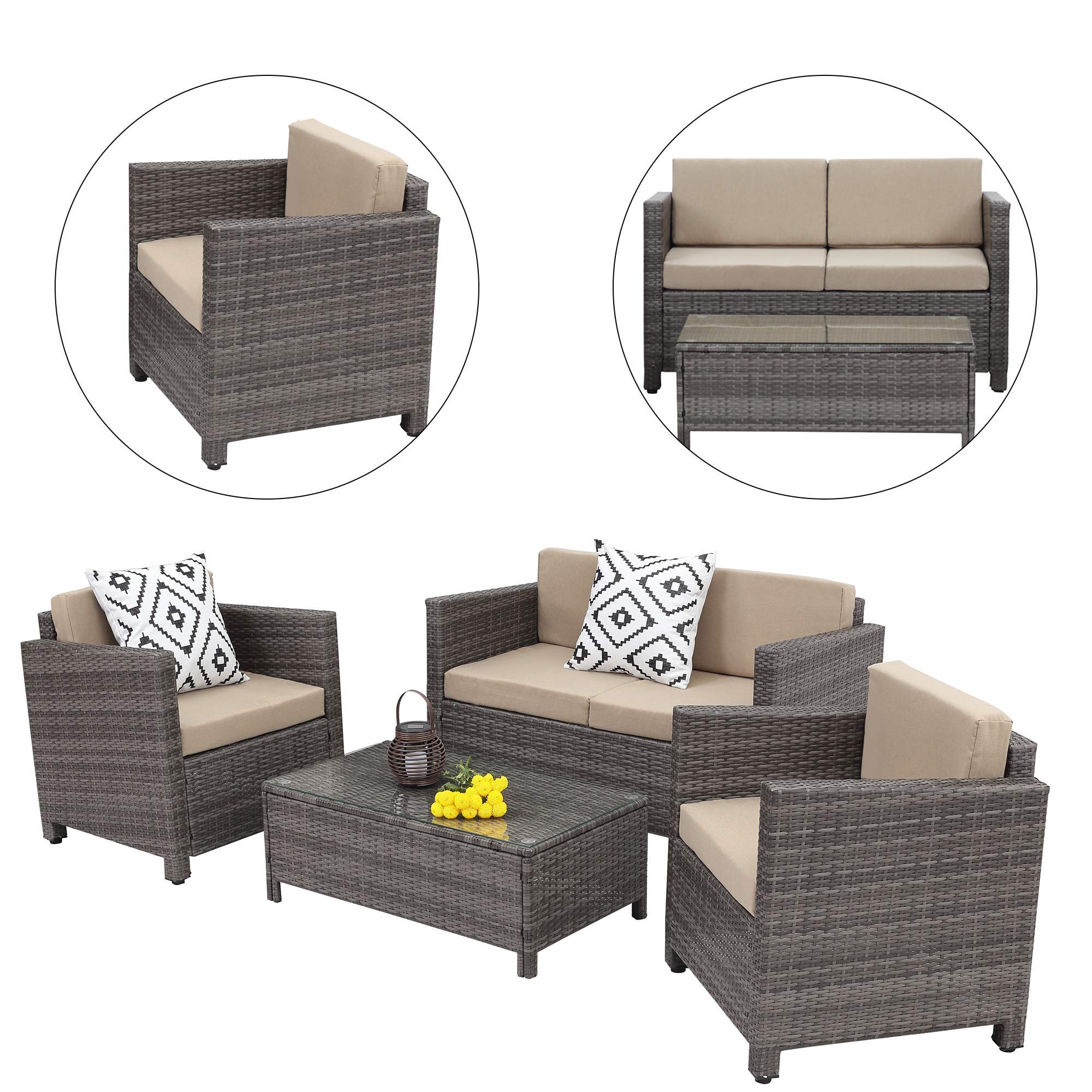 Solaste 4 Piece Outdoor Furniture Sets,Patio Conversation Sofa Wicker Chair with Cushion,All-Weather Rattan Sofa for Porch Backyard Outside Garden Lawn Yard,Grey