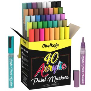 chalkola 40 acrylic paint pens fine tip for rock painting, canvas, ceramic, glass, fabric, metal - acrylic paint markers for wood & plastic - 40 metallic, neon & pastel colors for kids & adults