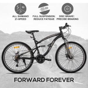 HH HILAND Full Suspension Mens Mountain Bike, 21 Speed, 26 Inch Wheel, Dual Disc Brake Bike for Men Womens Adult Bicycle