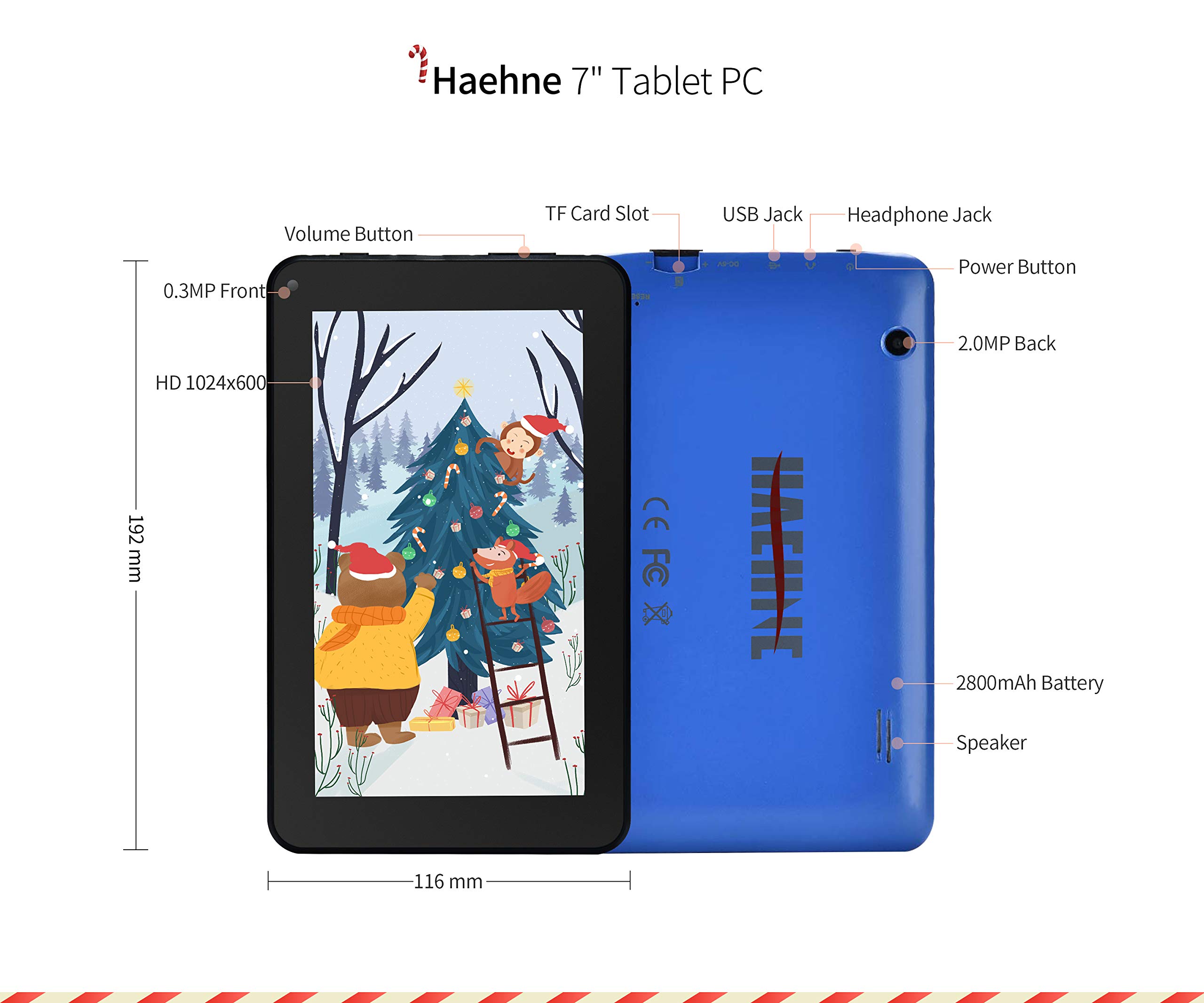 Haehne 7 inch Tablet, Android 9.0 Pie, 1G RAM 16GB Storage, Quad Core, IPS Display, Dual Camera, FM, WiFi Only, Bluetooth, Blue