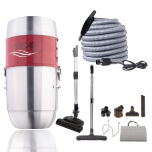 nadair 700 aw compact and powerful central vacuum system, hybrid filtration (with or without disposable bags), 22l or 5.8 gal, with 30ft carpet deluxe accessory kit included, silver