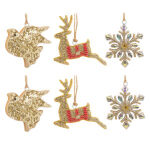 hallmark christmas ornaments, beaded gold reindeer, dove and snowflake holiday icons, wood, set of 6 (0001hgo2654)