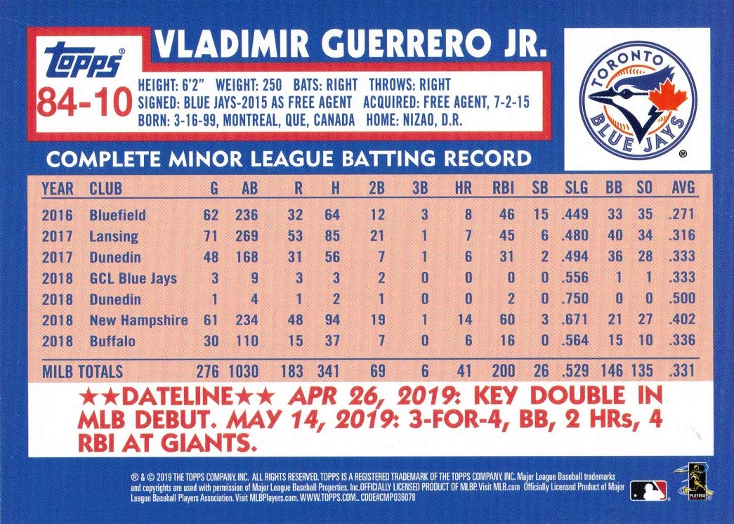 2019 Topps Update 1984 Topps Baseball Design #84-10 Vladimir Guerrero Jr. Rookie Card