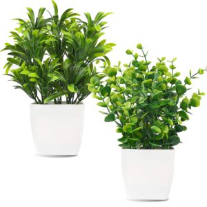 whonline 2pcs small fake plants, mini potted plants for home bathroom shelf decor, artificial eucalyptus plants for office desk greenery decoration