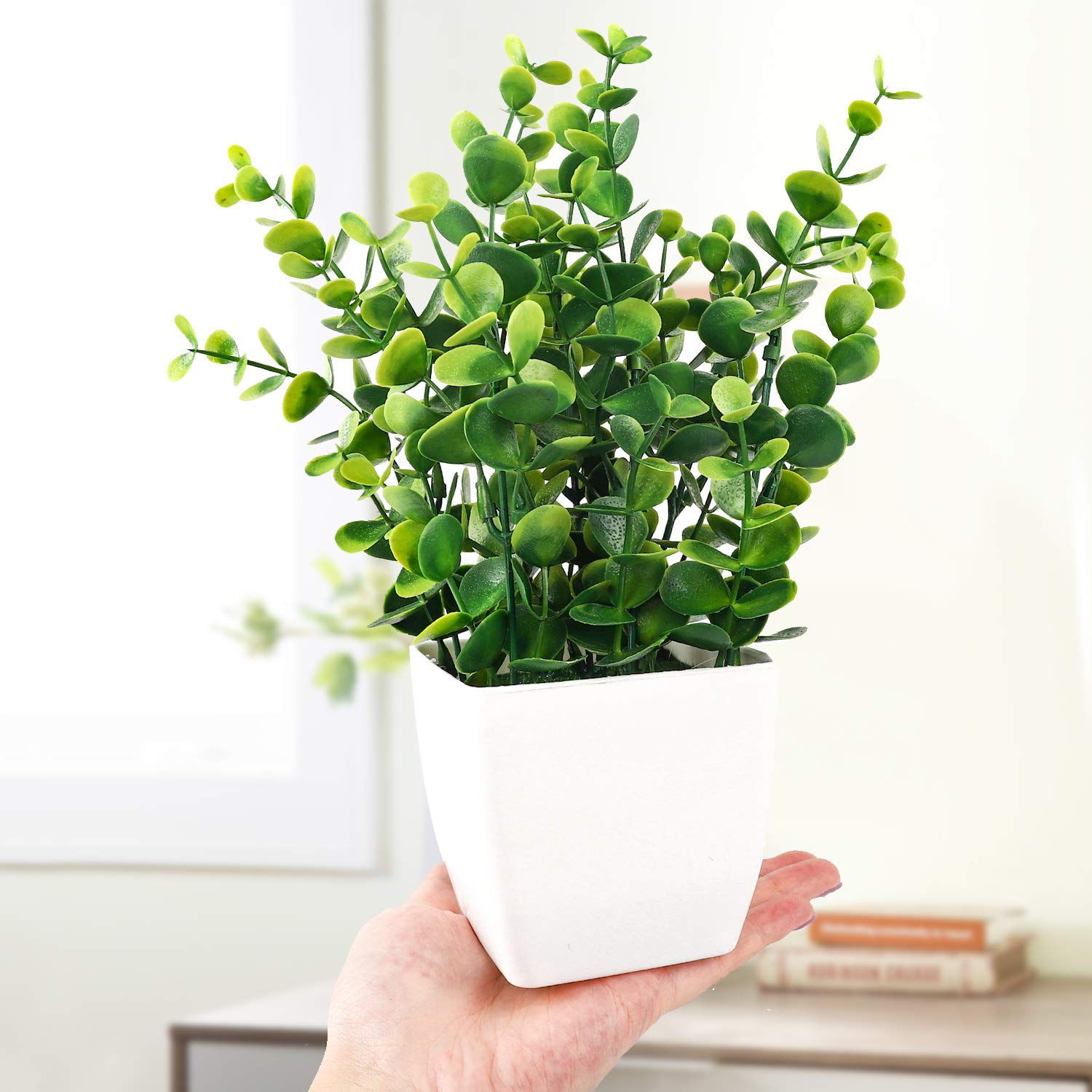 Whonline 2pcs Small Fake Plants, Mini Potted Plants for Home Bathroom Shelf Decor, Artificial Eucalyptus Plants for Office Desk Greenery Decoration