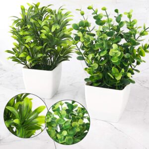 Whonline 2pcs Small Fake Plants, Mini Potted Plants for Home Bathroom Shelf Decor, Artificial Eucalyptus Plants for Office Desk Greenery Decoration