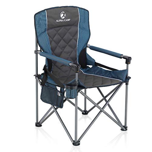 ALPHA CAMP Oversized Camping Folding Chair Padded Hard Arm Chair Heavy Duty Support 450 LBS Oversized Steel Frame Collapsible Lawn Chair with Cup Holder Quad Lumbar Back Chair Portable for Outdoor