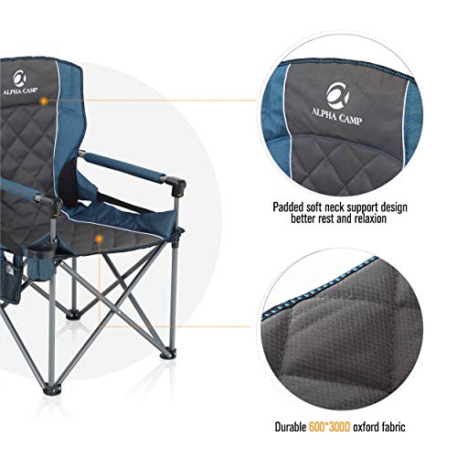 ALPHA CAMP Oversized Camping Folding Chair Padded Hard Arm Chair Heavy Duty Support 450 LBS Oversized Steel Frame Collapsible Lawn Chair with Cup Holder Quad Lumbar Back Chair Portable for Outdoor