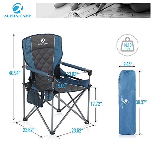 ALPHA CAMP Oversized Camping Folding Chair Padded Hard Arm Chair Heavy Duty Support 450 LBS Oversized Steel Frame Collapsible Lawn Chair with Cup Holder Quad Lumbar Back Chair Portable for Outdoor