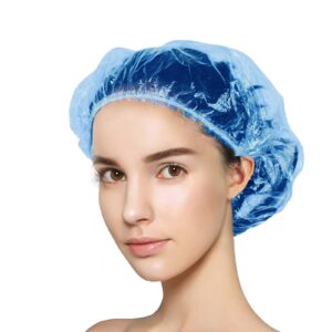 100+10 shower caps disposable, waterproof plastic bath caps, elastic hair processing caps for women man kids girls, hotel, home use (blue)
