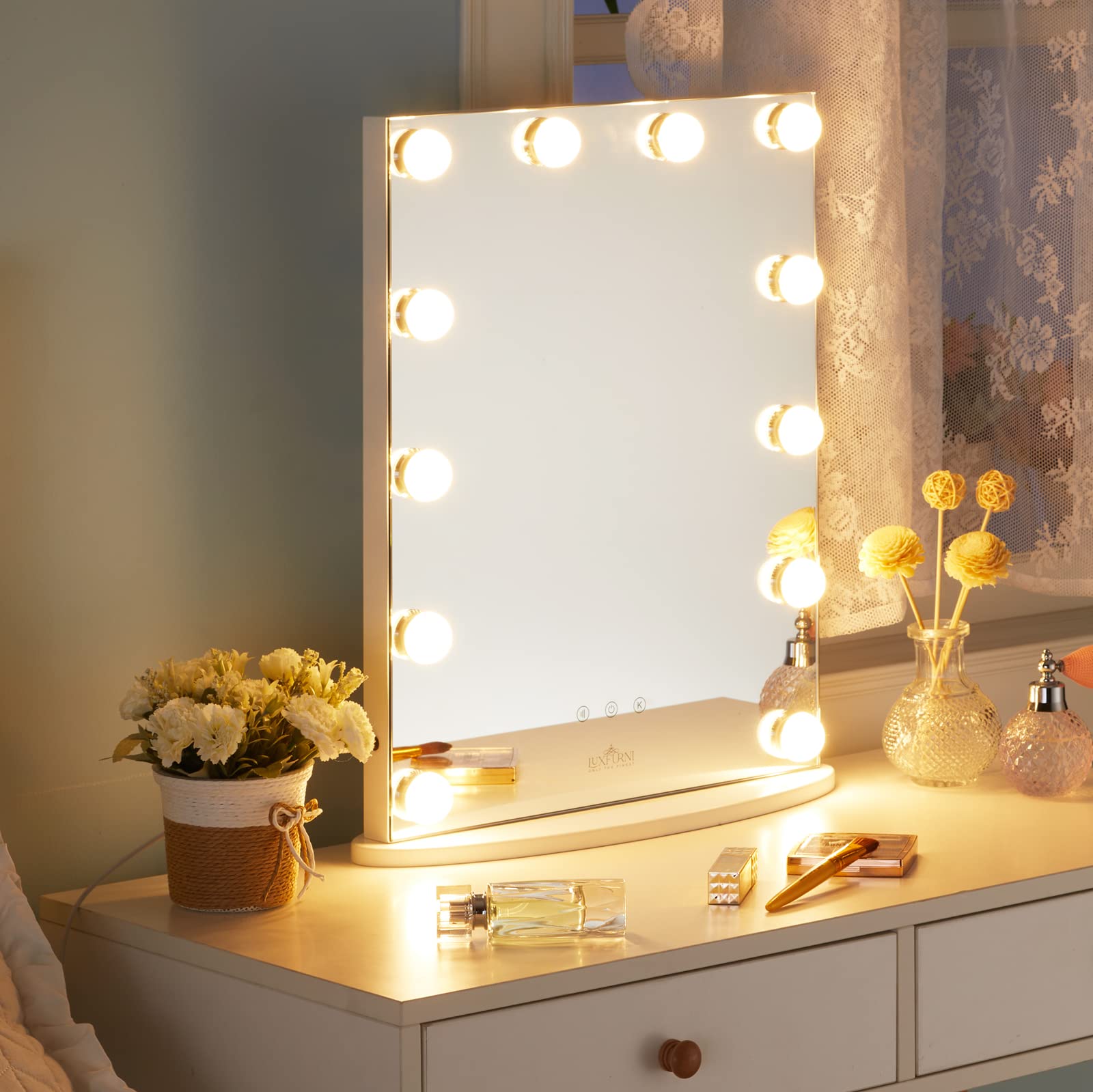 LUXFURNI Vanity Tabletop Hollywood Makeup Mirror w/USB-Powered Dimmable Light, Touch Control, 12 Day/Warm LED Light (16Wx20L, White)