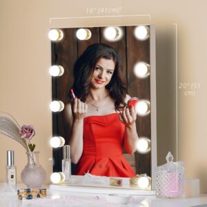 LUXFURNI Vanity Tabletop Hollywood Makeup Mirror w/USB-Powered Dimmable Light, Touch Control, 12 Day/Warm LED Light (16Wx20L, White)