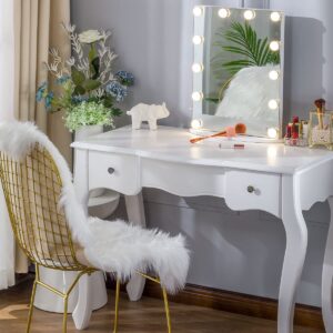 LUXFURNI Vanity Tabletop Hollywood Makeup Mirror w/USB-Powered Dimmable Light, Touch Control, 12 Day/Warm LED Light (16Wx20L, White)