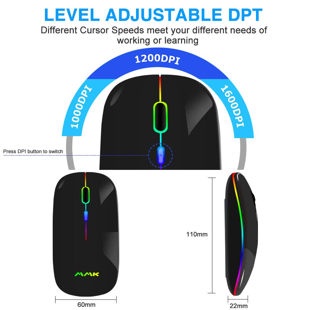 Wireless Bluetooth Mouse for Laptop,Rechargeable Mouse 2.4G USB Optical Wireless Mouse,LED Slim Dual Mode(Bluetooth 5.0 and 2.4G) Wireless Mouse for Laptop, PC, Mac OS,Android,Windows (Black)