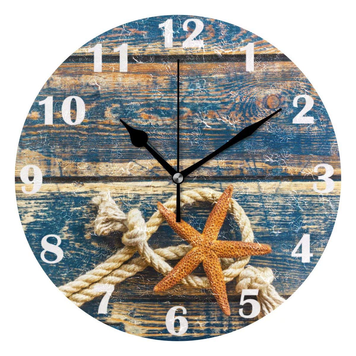 Pfrewn Summer Beach Starfish Wall Clock Silent Non Ticking Rrtro Wooden Clocks Battery Operated Vintage Desk Clock 10 Inch Quartz Analog Quiet Bedroom Living Room Home Decor