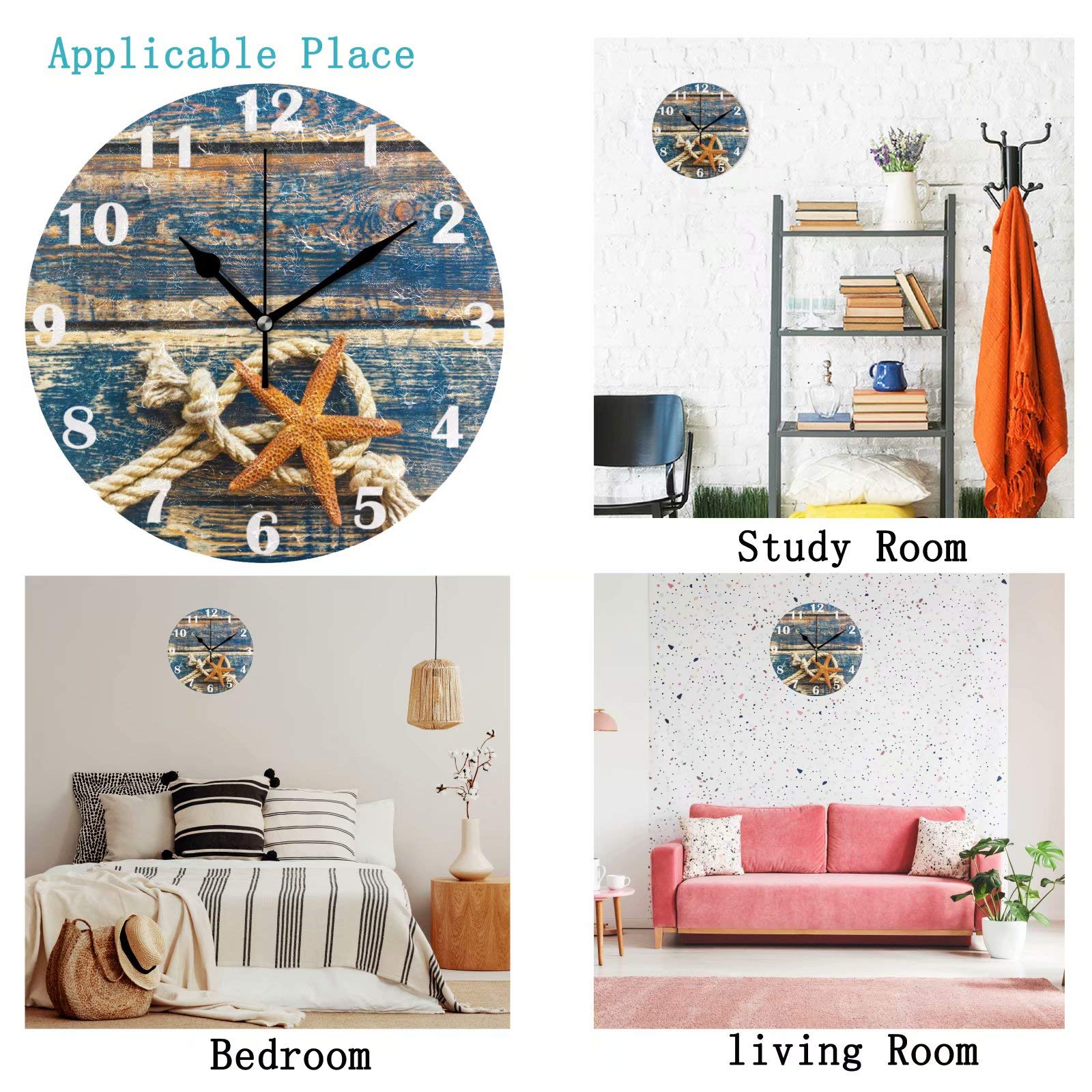 Pfrewn Summer Beach Starfish Wall Clock Silent Non Ticking Rrtro Wooden Clocks Battery Operated Vintage Desk Clock 10 Inch Quartz Analog Quiet Bedroom Living Room Home Decor