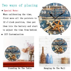 Pfrewn Summer Beach Starfish Wall Clock Silent Non Ticking Rrtro Wooden Clocks Battery Operated Vintage Desk Clock 10 Inch Quartz Analog Quiet Bedroom Living Room Home Decor