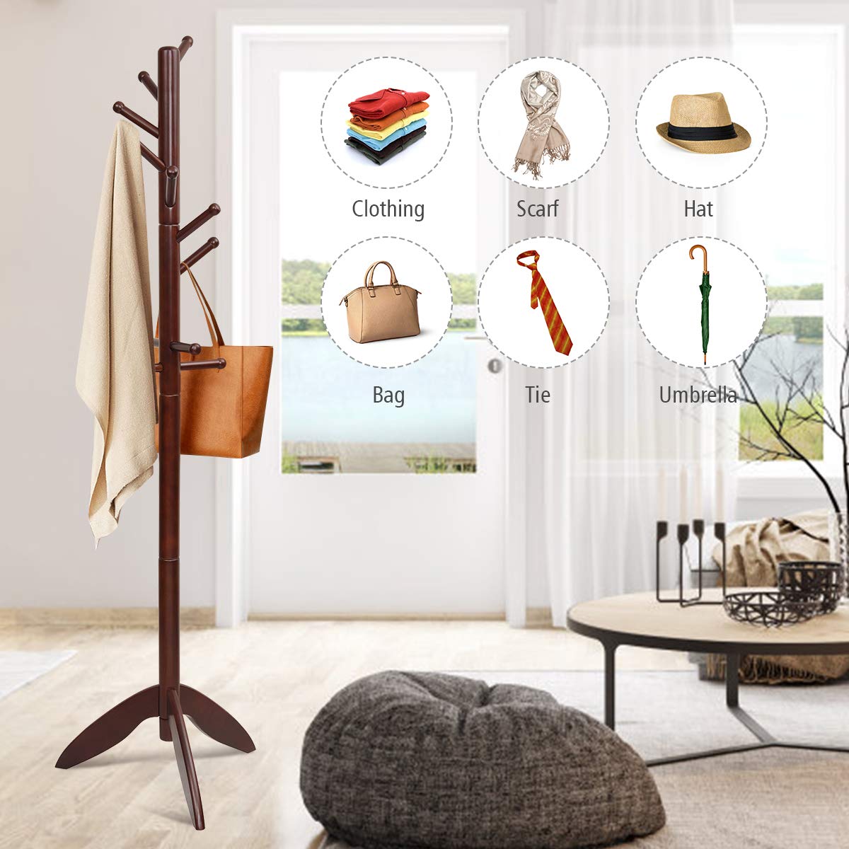 Tangkula Wood Tree Coat Rack Freestanding, Entryway Coat Stand with 11 Hooks & Stable Tri-Legged Base, Elegant Coat Hall Tree Coat Hanger Stand for Home Office Hallway Entryway