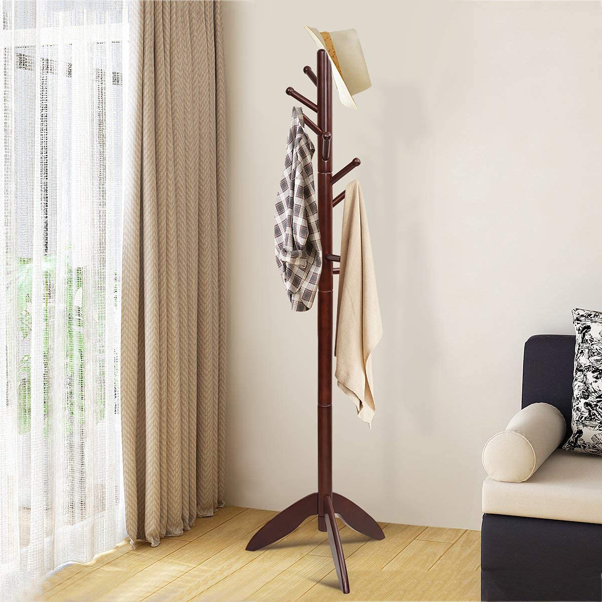 Tangkula Wood Tree Coat Rack Freestanding, Entryway Coat Stand with 11 Hooks & Stable Tri-Legged Base, Elegant Coat Hall Tree Coat Hanger Stand for Home Office Hallway Entryway