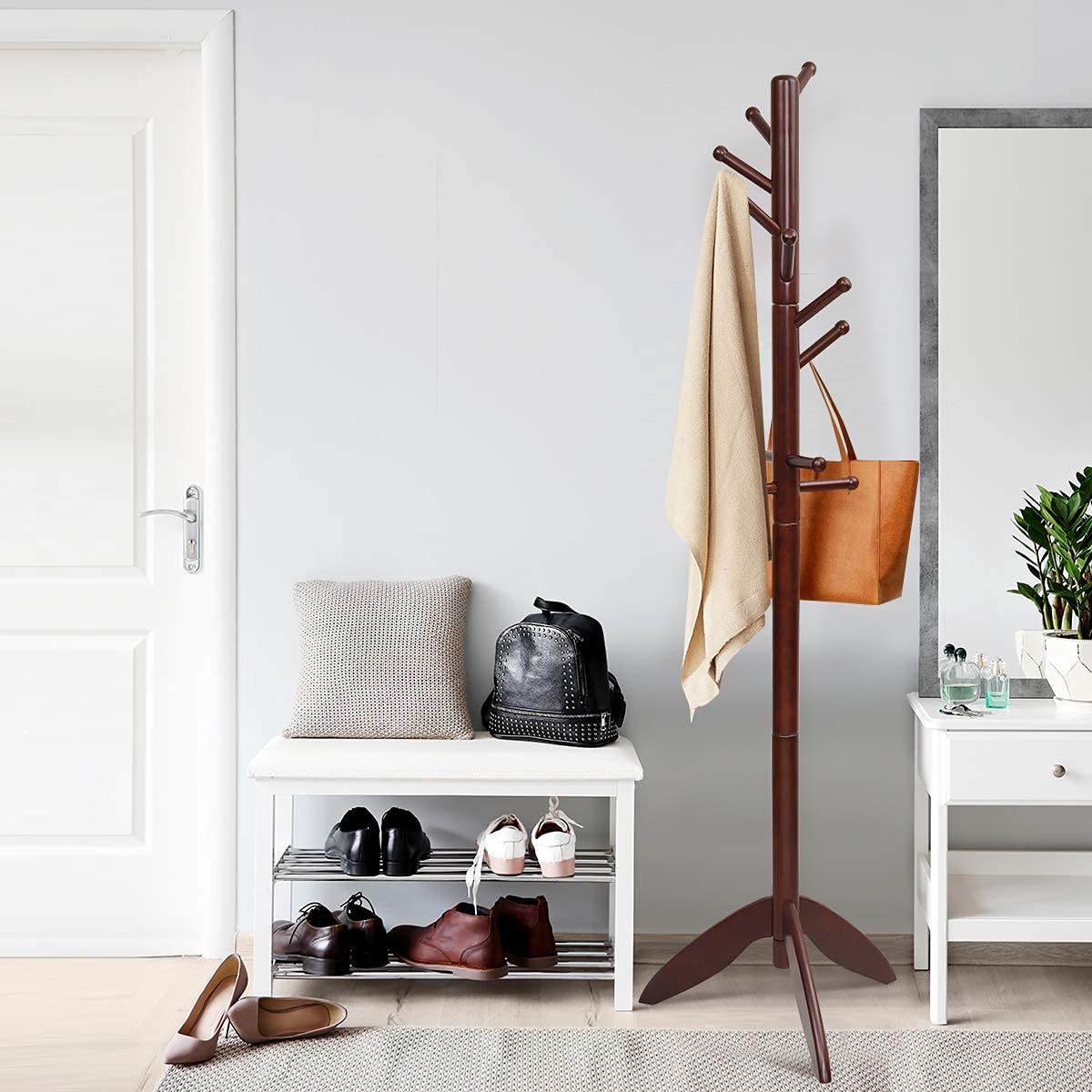 Tangkula Wood Tree Coat Rack Freestanding, Entryway Coat Stand with 11 Hooks & Stable Tri-Legged Base, Elegant Coat Hall Tree Coat Hanger Stand for Home Office Hallway Entryway