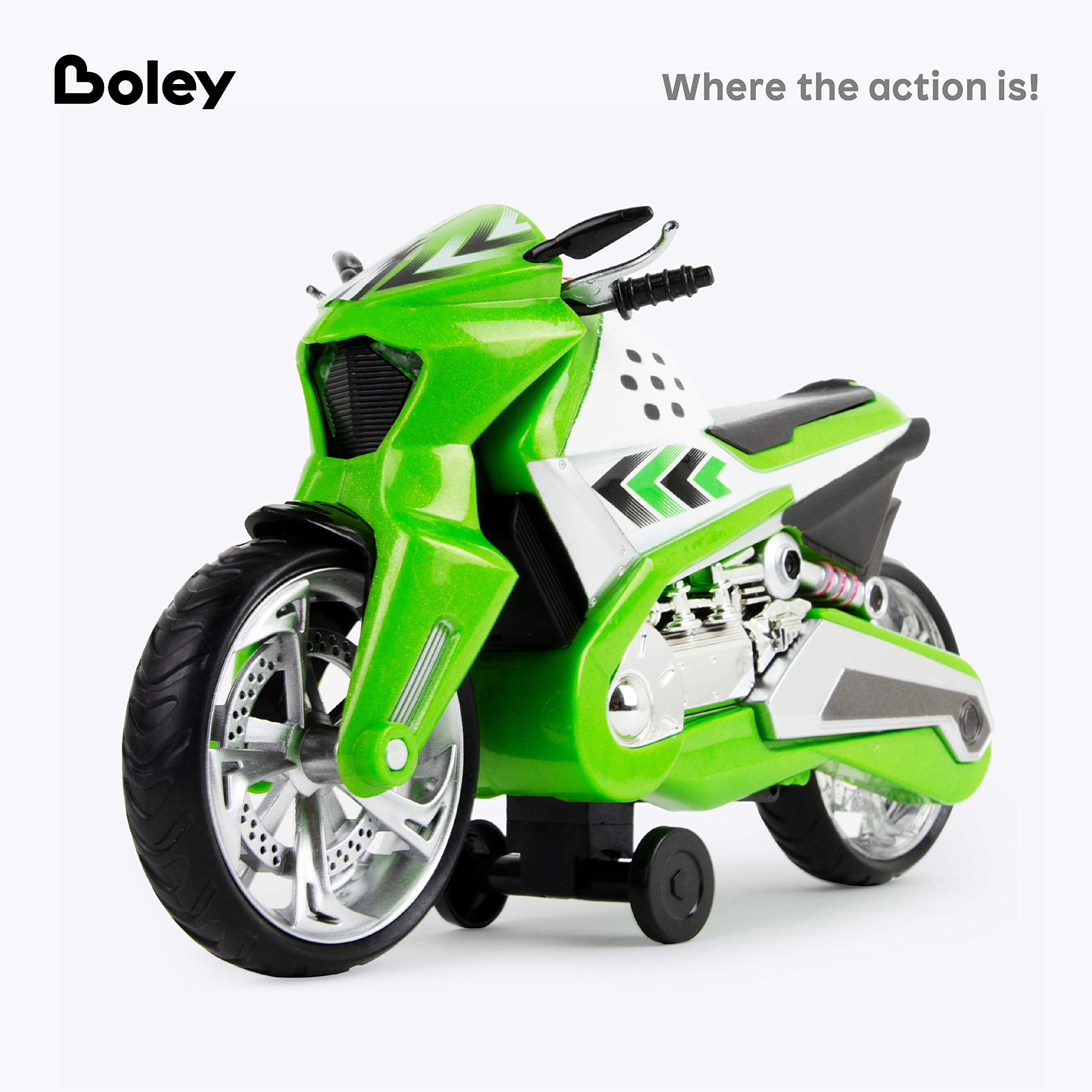 Boley Wheelie Lifter - 1 Pk Green Motorized Toy Motorcycle for Boys & Girls - Light & Sound Die Cast Motorcycle Toy for Kids Ages 3+