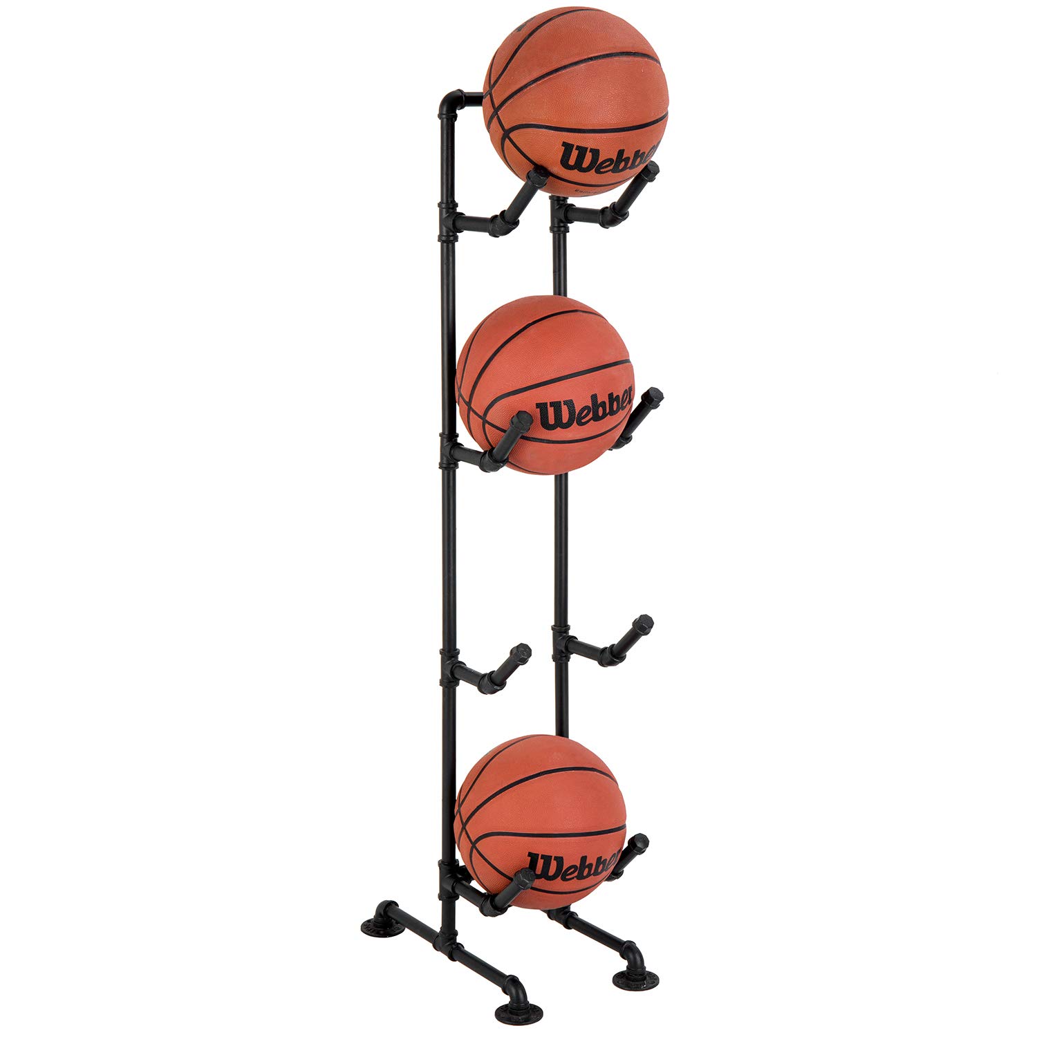 MyGift 4-Tier Rustic Industrial Black Metal Pipe Indoor/Outdoor Basketball, Volleyball, and Sports Ball Storage Organizer Rack