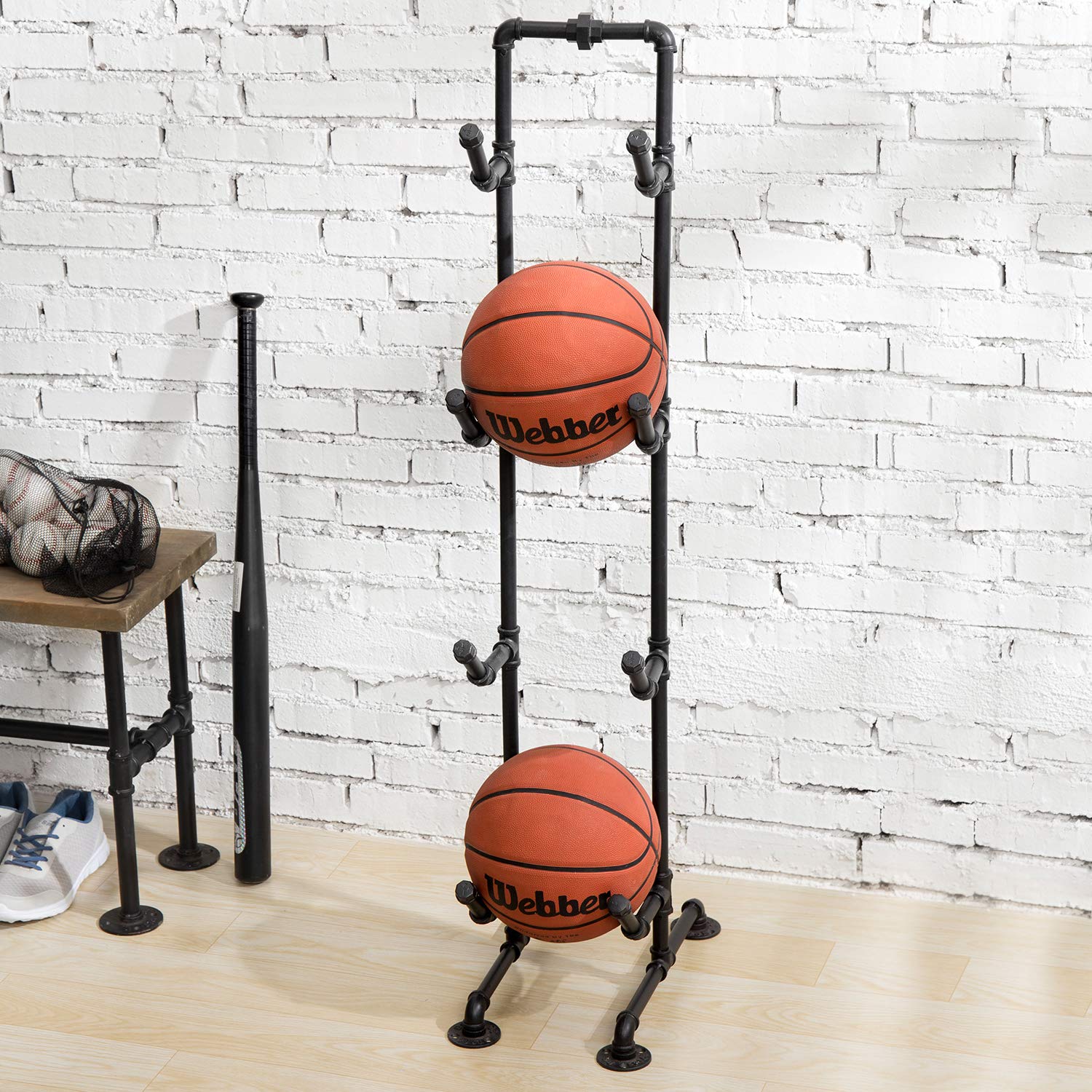 MyGift 4-Tier Rustic Industrial Black Metal Pipe Indoor/Outdoor Basketball, Volleyball, and Sports Ball Storage Organizer Rack