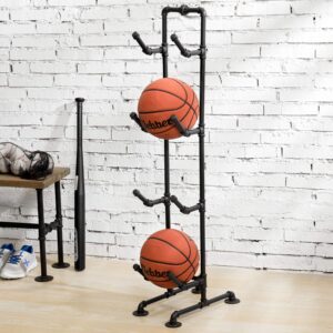 MyGift 4-Tier Rustic Industrial Black Metal Pipe Indoor/Outdoor Basketball, Volleyball, and Sports Ball Storage Organizer Rack