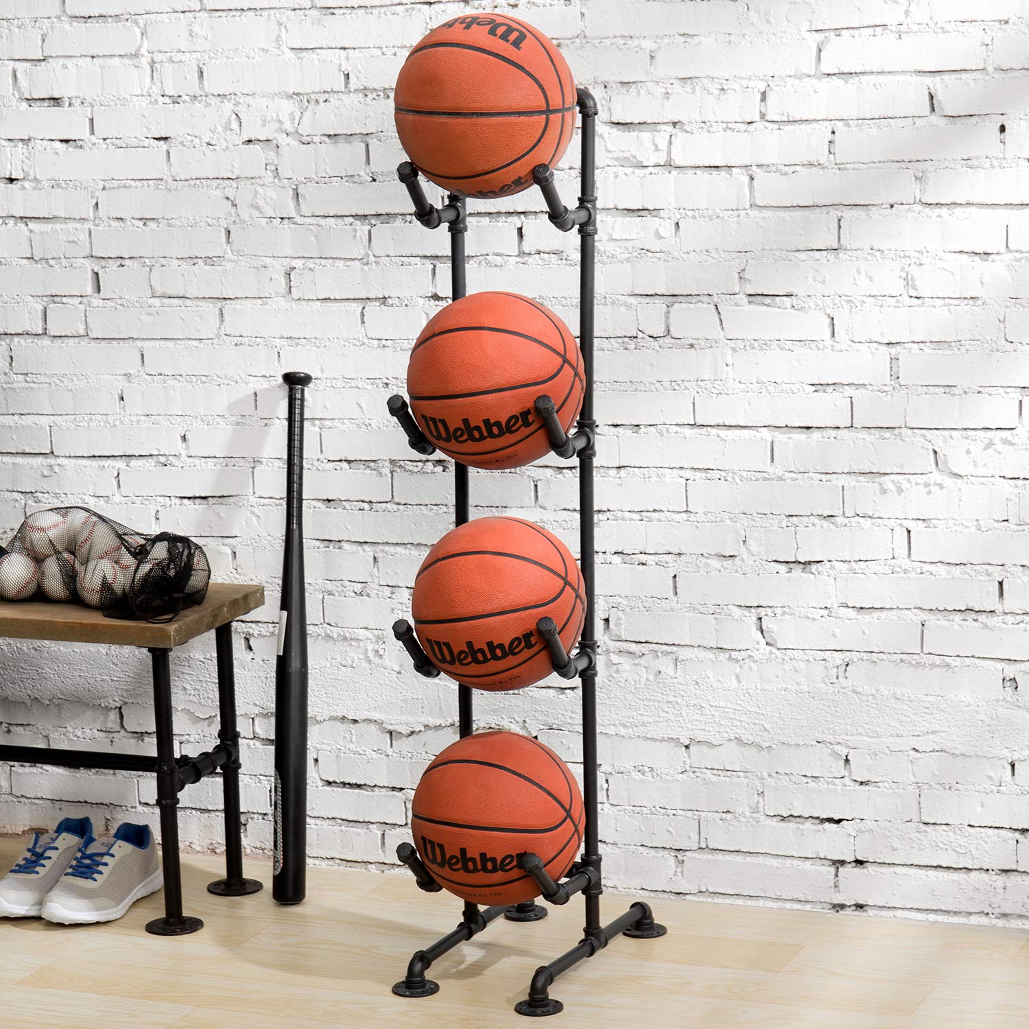 MyGift 4-Tier Rustic Industrial Black Metal Pipe Indoor/Outdoor Basketball, Volleyball, and Sports Ball Storage Organizer Rack