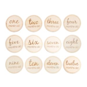 tomaibaby baby monthly milestone cards 12pcs, 10x10x0.3cm round numbers shower gift wooden baby birth announcement card record month set discs photography props - round english letter