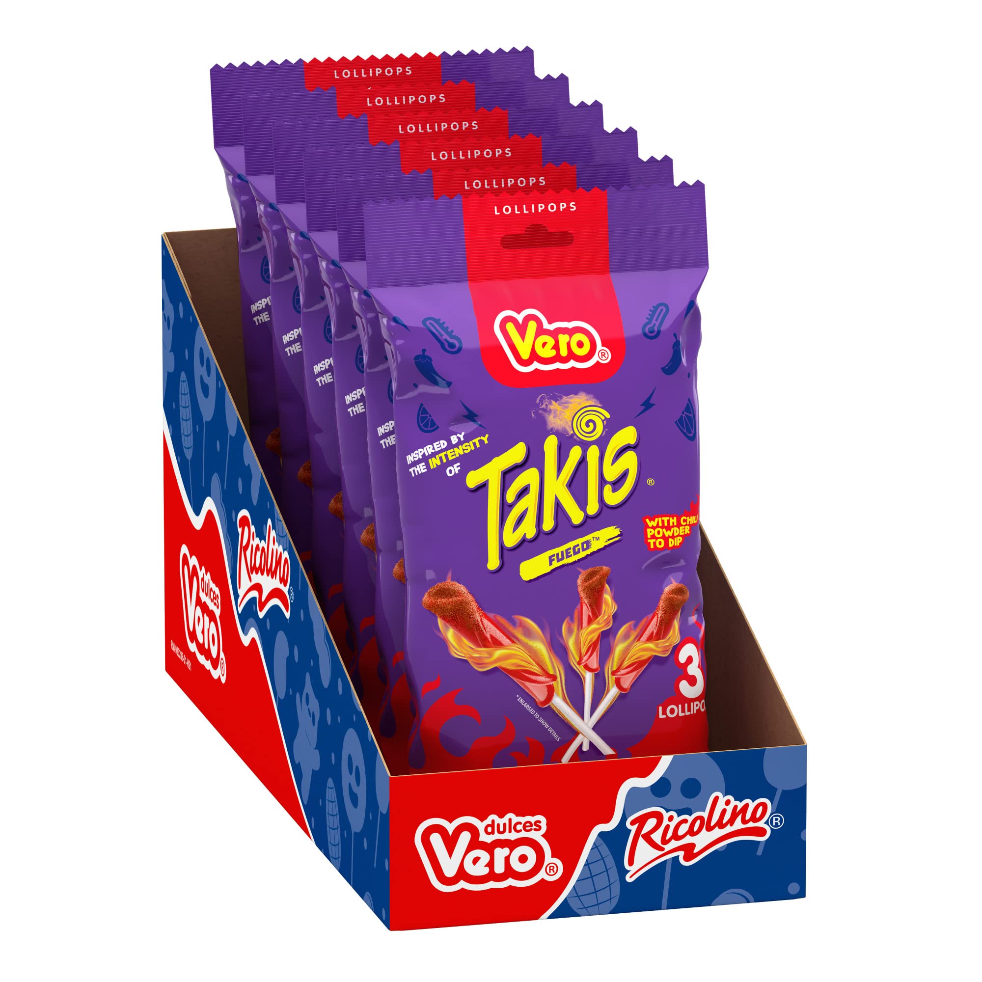 Vero Takis Chamoy Artificially Flavored Lollipop with Chili Pepper Powder, 6 Bags, 3 Lollipops Each, Net Weight 15.24 Ounces