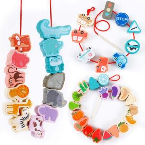 bmtoys montessori educational threading toys wooden stringing traffic wild animals fruits lacing beads preschool toy for toddler 18 month 1 2 3 4 5 year old boys girls