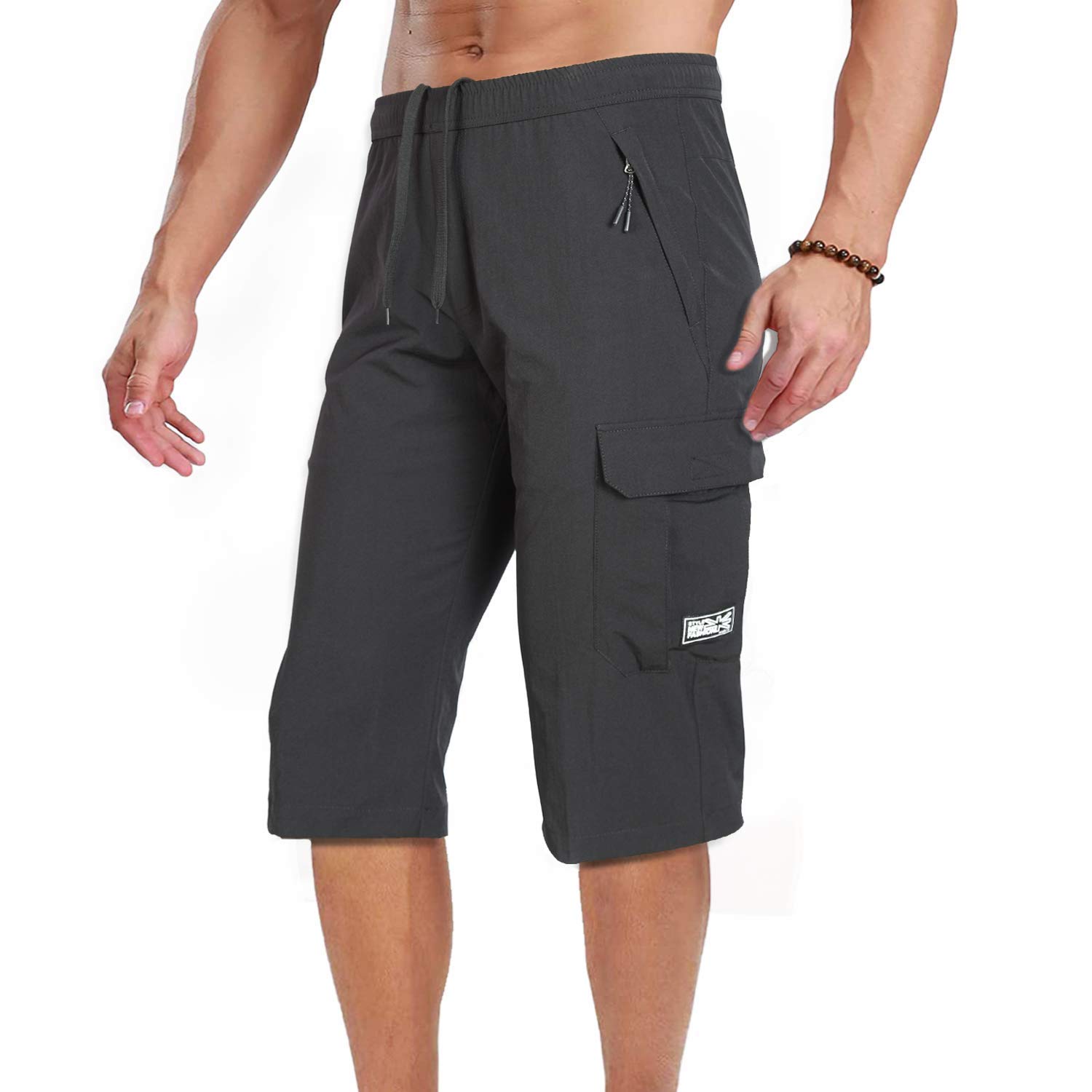 Men's Outdoor Hiking Shorts Quick Dry Stretchy 3/4 Capri Pants Cargo Shorts Male Black