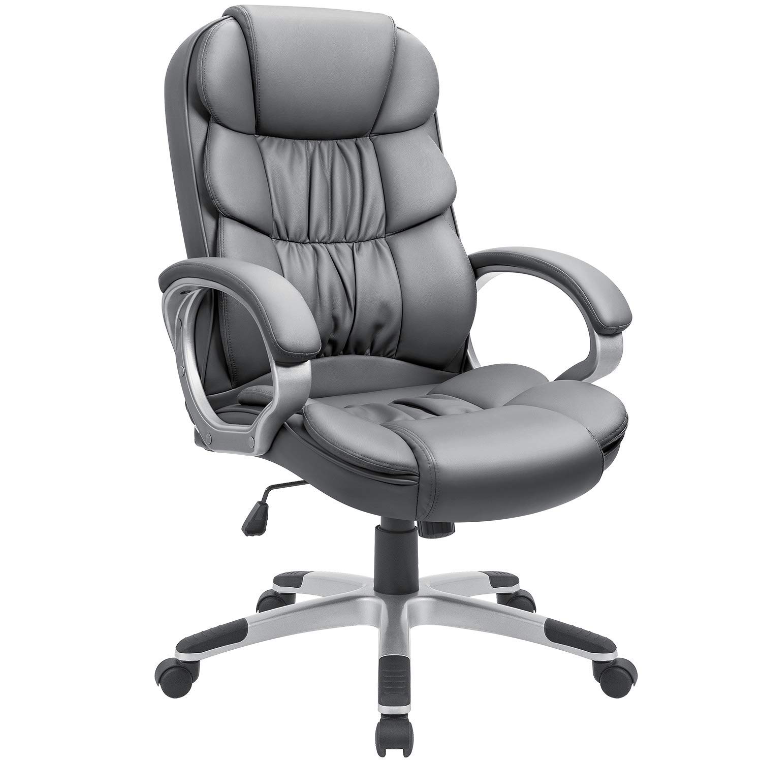 GUNJI Office Chair PU Leather High Back Executive Chair Ergonomic Computer Chair, Modern Adjustable Home Desk Chair Swivel Managerial Chair with Padded Armrests and Lumbar Support (Gray)