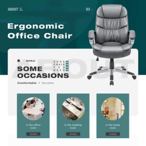 GUNJI Office Chair PU Leather High Back Executive Chair Ergonomic Computer Chair, Modern Adjustable Home Desk Chair Swivel Managerial Chair with Padded Armrests and Lumbar Support (Gray)