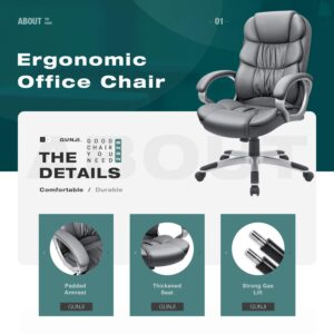GUNJI Office Chair PU Leather High Back Executive Chair Ergonomic Computer Chair, Modern Adjustable Home Desk Chair Swivel Managerial Chair with Padded Armrests and Lumbar Support (Gray)