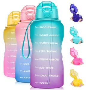 giotto large half gallon/64oz motivational water bottle with time marker & straw,leakproof tritan bpa free water jug-green/purple gradient