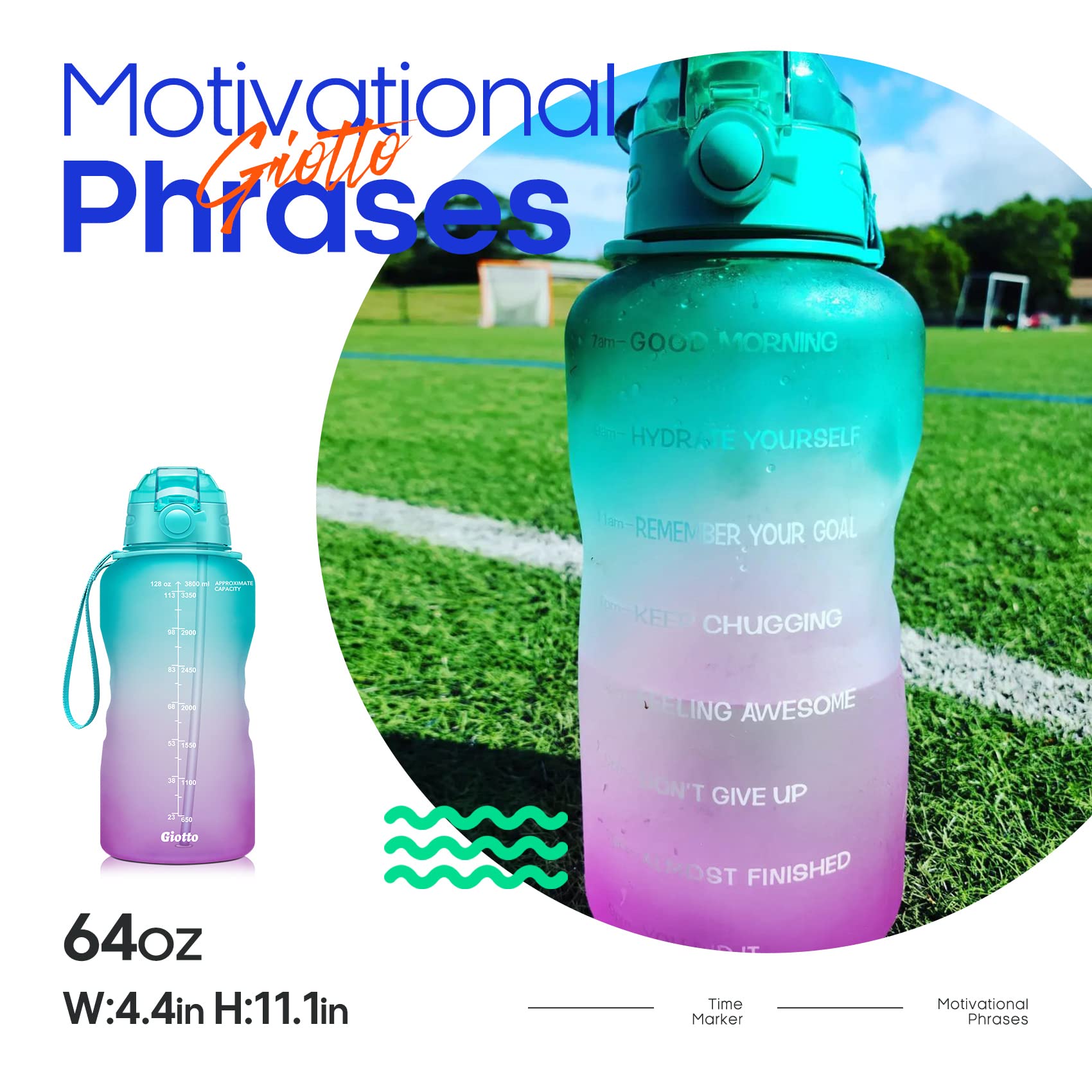 Giotto Large Half Gallon/64oz Motivational Water Bottle with Time Marker & Straw,Leakproof Tritan BPA Free Water Jug-Green/Purple Gradient