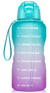 giotto large 1 gallon/128oz motivational water bottle with time marker & straw,leakproof tritan bpa free water jug,ensure you drink enough water daily for fitness,gym and outdoor-green/purple