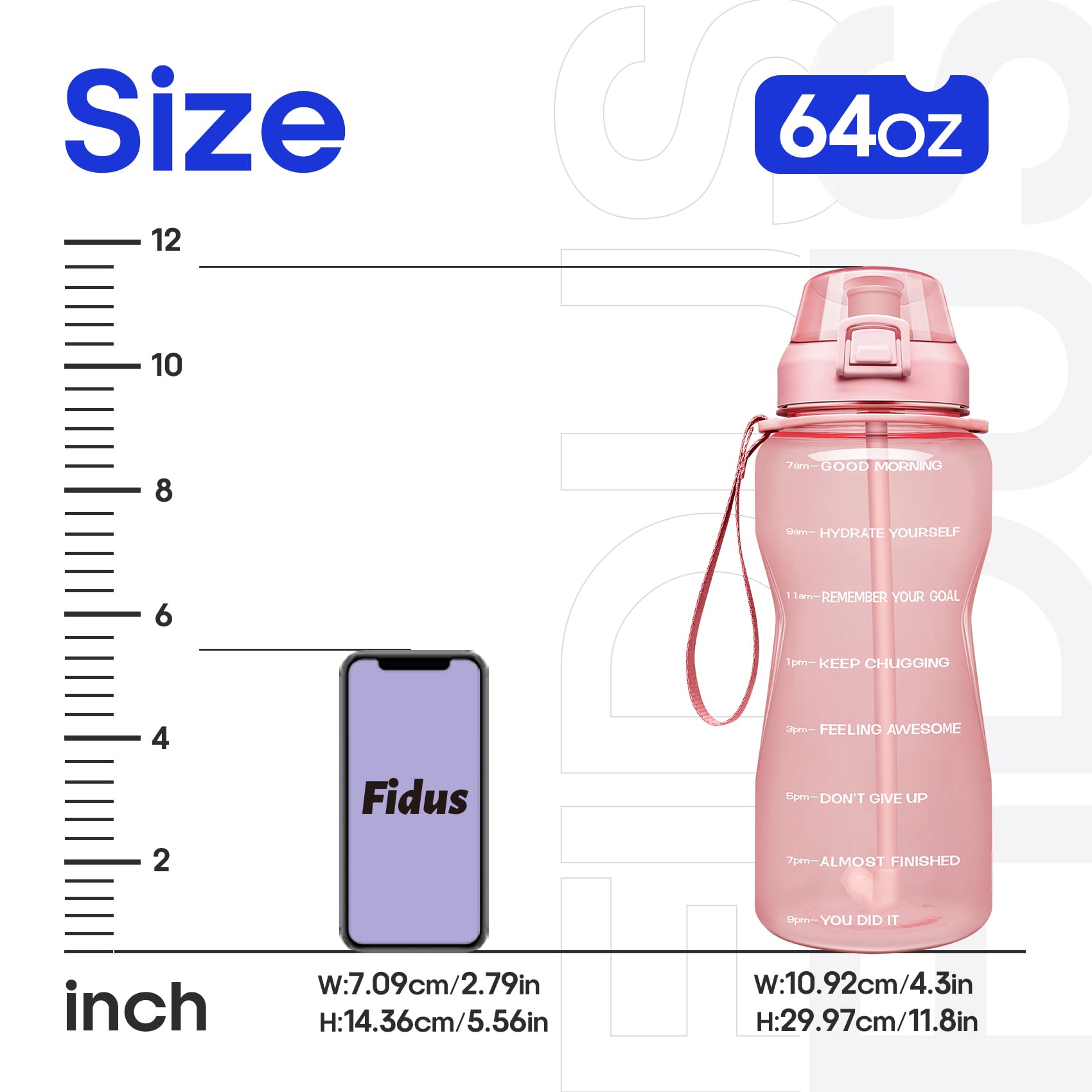 Fidus Large Half Gallon/64oz Motivational Water Bottle with Time Marker & Straw,Leakproof Tritan BPA Free Water Jug,Ensure You Drink Enough Water Daily for Fitness,Gym and Outdoor Sports-Light Pink