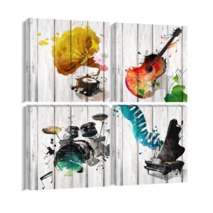 4 pieces music canvas wall art guitar piano phonograph and drum set paintings prints wooden style gift for music lover wall decor for music studio living room bedroom home decor framed ready to hang